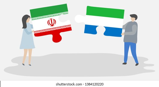 Couple holding two puzzles pieces with Iranian and Sierra Leonean flags. Iran and Sierra Leone national symbols together.