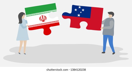 Couple Holding Two Puzzles Pieces With Iranian And Samoan Flags. Iran And Samoa National Symbols Together.