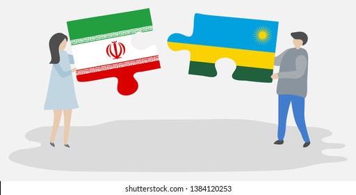 Couple holding two puzzles pieces with Iranian and Rwandan flags. Iran and Rwanda national symbols together.