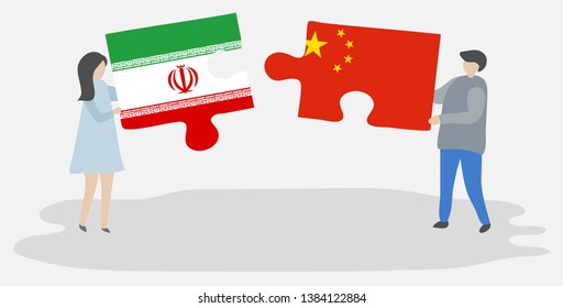 Couple holding two puzzles pieces with Iranian and Chinese flags. Iran and China national symbols together.