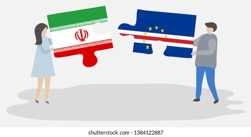 Couple holding two puzzles pieces with Iranian and Cabo Verdean flags. Iran and Cape Verde national symbols together.