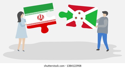 Couple holding two puzzles pieces with Iranian and Burundian flags. Iran and Burundi national symbols together.