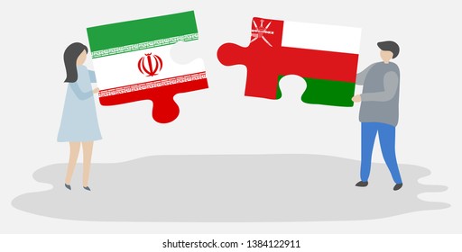 Couple holding two puzzles pieces with Iranian and Omani flags. Iran and Oman national symbols together.