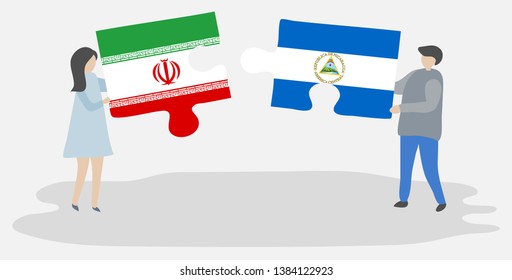 Couple holding two puzzles pieces with Iranian and Nicaraguan flags. Iran and Nicaragua national symbols together.
