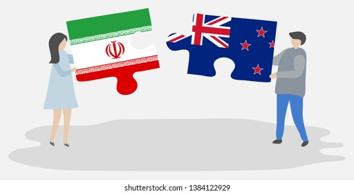 Couple holding two puzzles pieces with Iranian and NZ flags. Iran and New Zealand national symbols together.