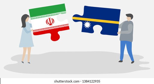 Couple holding two puzzles pieces with Iranian and Nauruan flags. Iran and Nauru national symbols together.