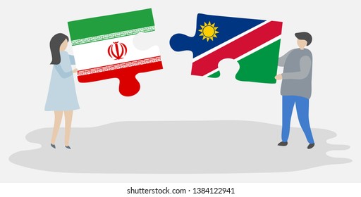 Couple holding two puzzles pieces with Iranian and Namibian flags. Iran and Namibia national symbols together.