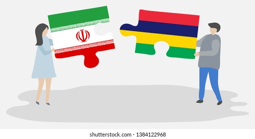 Couple holding two puzzles pieces with Iranian and Mauritian flags. Iran and Mauritius national symbols together.
