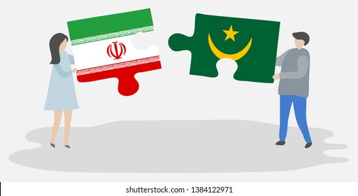 Couple holding two puzzles pieces with Iranian and Mauritanian flags. Iran and Mauritania national symbols together.