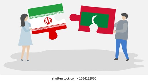 Couple holding two puzzles pieces with Iranian and Maldivian flags. Iran and Maldives national symbols together.