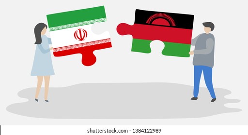 Couple holding two puzzles pieces with Iranian and Malawian flags. Iran and Malawi national symbols together.