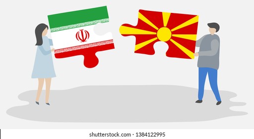 Couple holding two puzzles pieces with Iranian and Macedonian flags. Iran and Macedonia national symbols together.