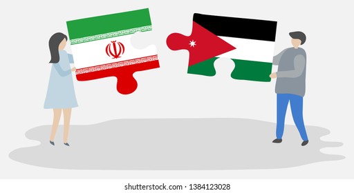 Couple holding two puzzles pieces with Iranian and Jordanian flags. Iran and Jordan national symbols together.