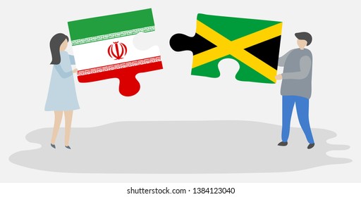 Couple holding two puzzles pieces with Iranian and Jamaican flags. Iran and Jamaica national symbols together.