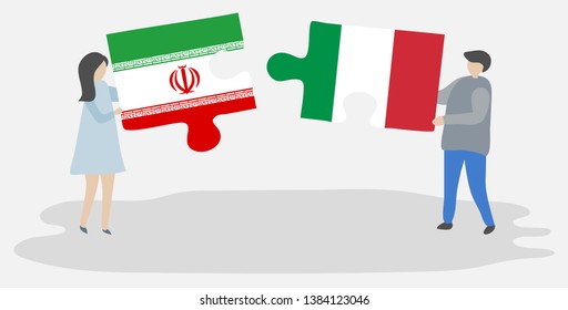 Couple holding two puzzles pieces with Iranian and Italian flags. Iran and Italy national symbols together.