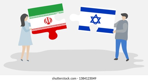 Couple holding two puzzles pieces with Iranian and Israeli flags. Iran and Israel national symbols together.