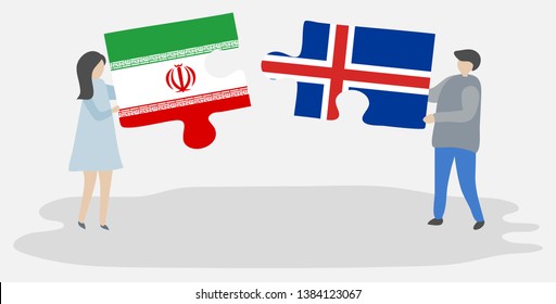 Couple holding two puzzles pieces with Iranian and Icelandic flags. Iran and Iceland national symbols together.