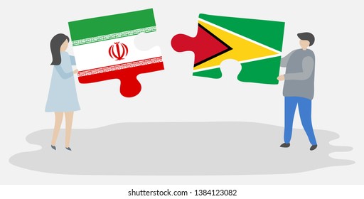 Couple holding two puzzles pieces with Iranian and Guyanese flags. Iran and Guyana national symbols together.
