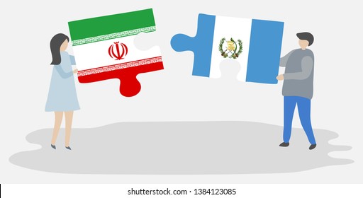Couple holding two puzzles pieces with Iranian and Guatemalan flags. Iran and Guatemala national symbols together.