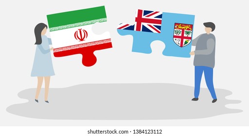 Couple holding two puzzles pieces with Iranian and Fijian flags. Iran and Fiji national symbols together.