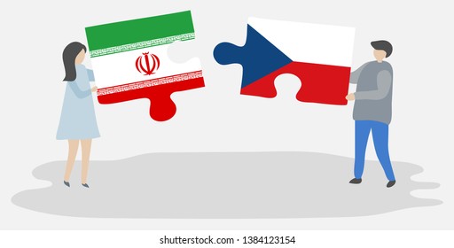 Couple holding two puzzles pieces with Iranian and Czech flags. Iran and Czech Republic national symbols together.