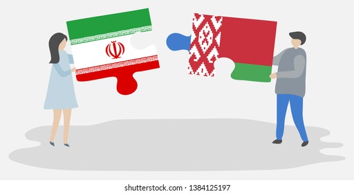 Couple holding two puzzles pieces with Iranian and Belarusian flags. Iran and Belarus national symbols together.
