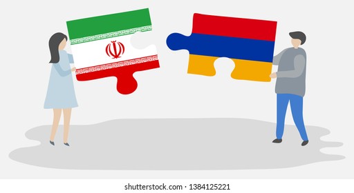 Couple holding two puzzles pieces with Iranian and Armenian flags. Iran and Armenia national symbols together.