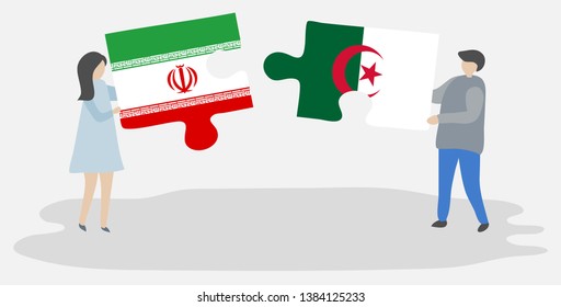 Couple holding two puzzles pieces with Iranian and Algerian flags. Iran and Algeria national symbols together.