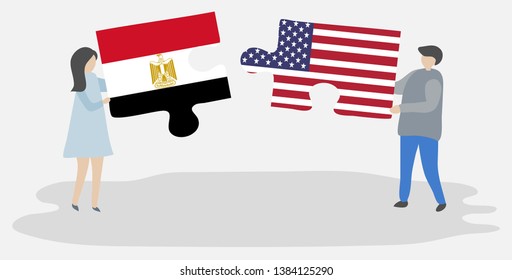 Couple holding two puzzles pieces with Egyptian and American flags. Egypt and United States of America national symbols together.