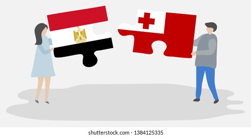 Couple holding two puzzles pieces with Egyptian and Tongan flags. Egypt and Tonga national symbols together.
