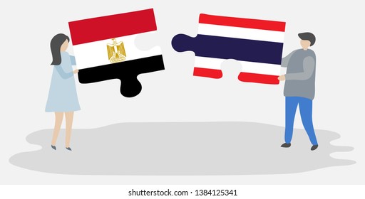 Couple holding two puzzles pieces with Egyptian and Thai flags. Egypt and Thailand national symbols together.