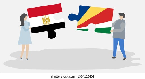 Couple holding two puzzles pieces with Egyptian and Seychellois flags. Egypt and Seychelles national symbols together.