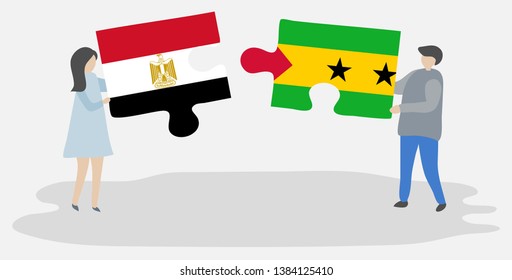 Couple holding two puzzles pieces with Egyptian and Sao Tomean flags. Egypt and Sao Tome and Principe national symbols together.