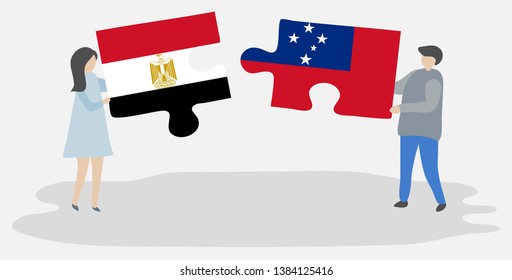 Couple Holding Two Puzzles Pieces With Egyptian And Samoan Flags. Egypt And Samoa National Symbols Together.