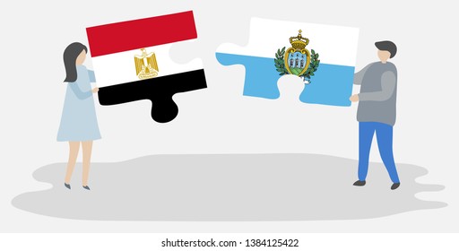 Couple holding two puzzles pieces with Egyptian and Sammarinese flags. Egypt and San Marino national symbols together.