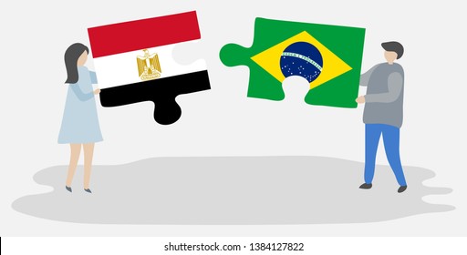 Couple holding two puzzles pieces with Egyptian and Brazilian flags. Egypt and Brazil national symbols together.