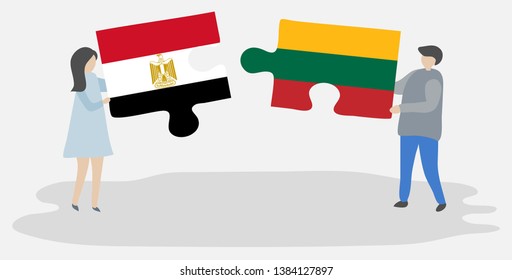 Couple holding two puzzles pieces with Egyptian and Lithuanian flags. Egypt and Lithuania national symbols together.