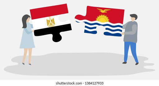 Couple holding two puzzles pieces with Egyptian and I-Kiribati flags. Egypt and Kiribati national symbols together.