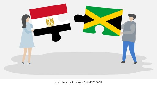 Couple holding two puzzles pieces with Egyptian and Jamaican flags. Egypt and Jamaica national symbols together.
