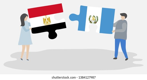 Couple holding two puzzles pieces with Egyptian and Guatemalan flags. Egypt and Guatemala national symbols together.