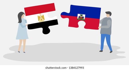 Couple holding two puzzles pieces with Egyptian and Haitian flags. Egypt and Haiti national symbols together.