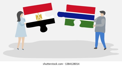 Couple holding two puzzles pieces with Egyptian and Gambian flags. Egypt and Gambia national symbols together.