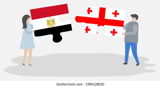 Couple holding two puzzles pieces with Egyptian and Georgian flags. Egypt and Georgia national symbols together.