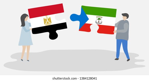 Couple holding two puzzles pieces with Egyptian and Equatorial Guinean flags. Egypt and Equatorial Guinea national symbols together.