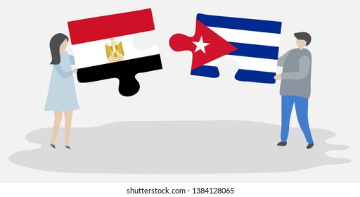 Couple holding two puzzles pieces with Egyptian and Cuban flags. Egypt and Cuba national symbols together.