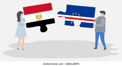 Couple holding two puzzles pieces with Egyptian and Cabo Verdean flags. Egypt and Cape Verde national symbols together.