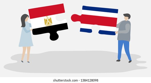 Couple holding two puzzles pieces with Egyptian and Costa Rican flags. Egypt and Costa Rica national symbols together.