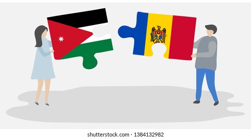 Couple holding two puzzles pieces with Jordanian and Moldovan flags. Jordan and Moldova national symbols together.