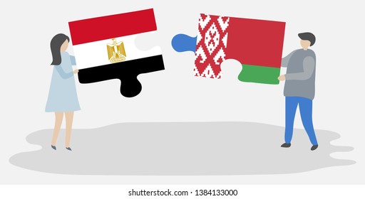 Couple holding two puzzles pieces with Egyptian and Belarusian flags. Egypt and Belarus national symbols together.