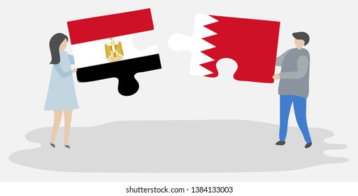 Couple holding two puzzles pieces with Egyptian and Bahraini flags. Egypt and Bahrain national symbols together.